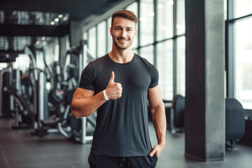 Fototapeta na wymiar Young man after a successful workout in a modern fitness centre gym. Healthy fit young male holding thumbs up to show successful training.