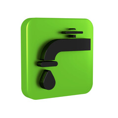 Black Water tap with a falling water drop icon isolated on transparent background. Green square...