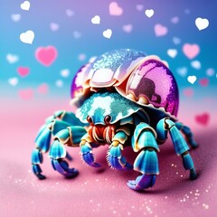 Playful Crustacean Love: Metallic Gradient Hermit Crab on Heart-Decorated Background