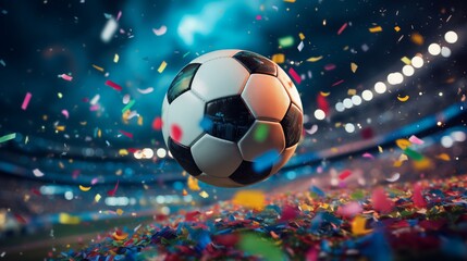 close up ball on midfield in soccer stadium,Colorful confetti flying in the air.football or soccer tournament,world football,soccer cup concept
