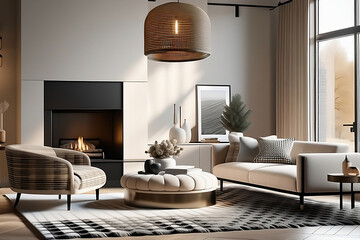 Beige sofa with plaid and fur cushion against of fireplace. Hygge, scandinavian interior design of modern living room. Generative AI
