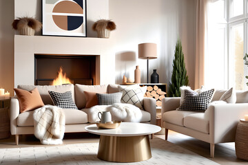 Beige sofa with plaid and fur cushion against of fireplace. Hygge, scandinavian interior design of modern living room. Generative AI
