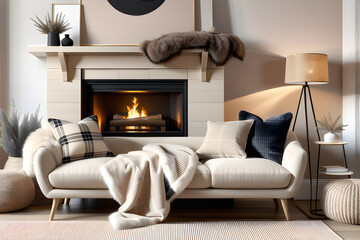Fototapeta premium Beige sofa with plaid and fur cushion against of fireplace. Hygge, scandinavian interior design of modern living room. Generative AI 