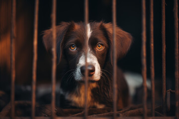 Stray homeless dog in animal shelter cage. Sad abandoned hungry dog behind old rusty grid of the cage in shelter for homeless animals. Dog adoption, rescue, help for pets