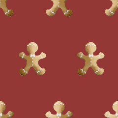 Watercolor seamless pattern with gingerbread cookies on red background. Christmas winter holiday design for fabric