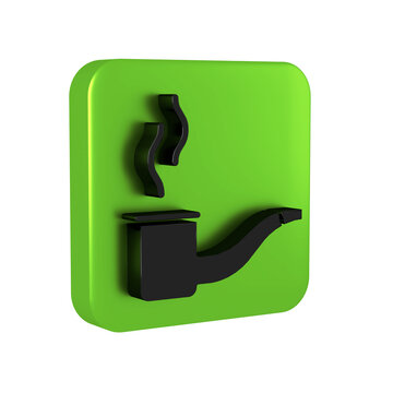 Black Smoking pipe with smoke icon isolated on transparent background. Tobacco pipe. Green square button.