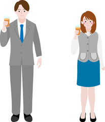 ビールグラスを掲げて乾杯する会社員男女のイラスト