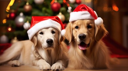 Cute dog puppy retriever with christmas gift boxes concept photo poster merry present red new year