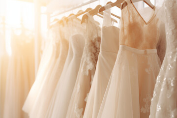 Assortment of Beautiful, Luxurious Wedding Dresses Hanging in a Boutique Bridal Salon. Explore Varied Styles and Silhouettes for an Enchanting Bridal Shopping Experience