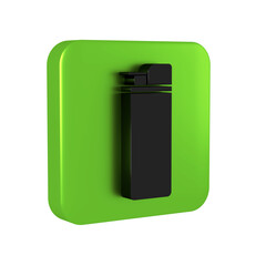 Black Lighter icon isolated on transparent background. Green square button.