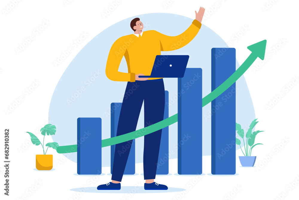 Leinwandbilder successful happy businessman - person standing in front of rising chart holding laptop computer and 