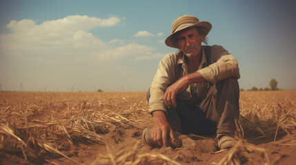 Sad Farmer in field with drought and dead crops. Concept of Agricultural Hardship, Crop Failure Due to Drought, Devastating Effects of Drought on Farming.