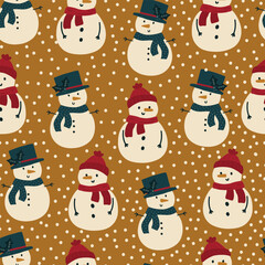 Christmas snowmen pattern. Seamless winter background.