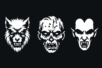 Evil faces of horror characters. Werewolf, vampire and zombie. White on black background. Vector illustration