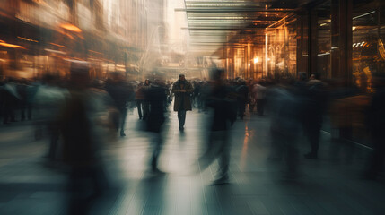 Time lapse of people walking in the city. Blurred motion. Concept of Urban Hustle and Bustle, City Life in Motion, Dynamic Urban Movement, Fast-paced City Living.