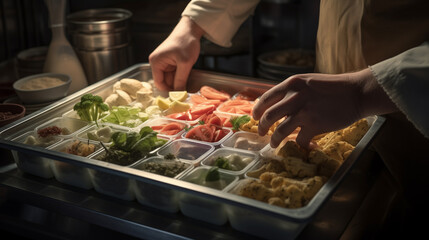 waiter serving food in restaurant. chef preparing food