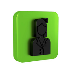 Black Stewardess icon isolated on transparent background. Green square button.