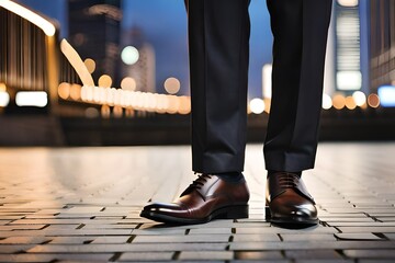 Pair of male legs with brown dress shoes and dress pants on an urban background - obrazy, fototapety, plakaty