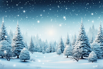 Winter background and pine trees with snow flakes