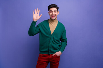 Photo of positive glad man dressed green clothes wawing arm showing palm highfive isolated on purple color background © deagreez