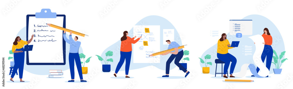 Leinwandbilder Business notes - People in workshop making rough drafts, writing, making list and solving problem together in office at work. Flat design vector illustration with white background