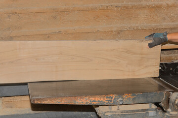 Male Production Workshop Worker Hand Grinding Wooden Board Plank Machine Tool Industrial Equipment Object