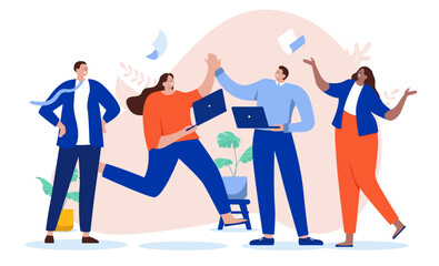 Happy teamwork people - Group of businesspeople celebrating success and achievement giving high fives and smiling. Flat design vector illustration with white background