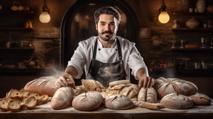 Zelfklevend Fotobehang Young Hispanic attractive worker male with beard wearing apron baking bakery occupation, caucasian profession chef or homemade baker happy standing hands hold powder and recipe making bread in kitchen © Rakchanika