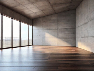 Interno vuoto della stanza con pareti di cemento, pavimento in legno scuro con luce soffusa proveniente dalla finestra. Atmosfera soft - obrazy, fototapety, plakaty