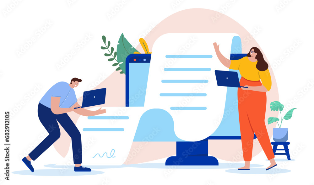 Poster People reading digital business document - Man and woman with laptops working, writing and printing long text file from computer screen. Flat design vector illustration in flat design