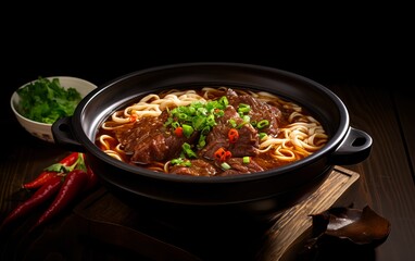 Close up View of Delicious Chinese Beef Noodle Soup in a Traditional Chinese Bowl