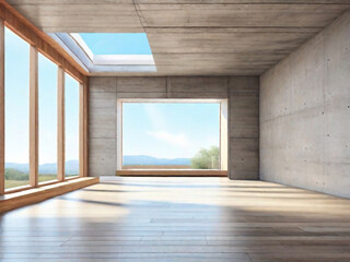 Interno vuoto della stanza con pareti di cemento, pavimento in legno scuro con luce soffusa proveniente dalla finestra. Atmosfera soft