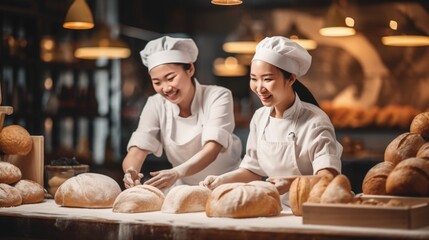 Two young Asian sibling happy smile startup open bakery shop small business partnership, workers employee female have fun present delicious bakery and breads on counter bar for selling promotion