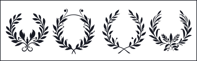 Laurel wreaths in silhouette pattern. Elegant hand-painted floral frame with branches and leaves. Vector illustration for label, business identity, wedding invitation, greeting card, diploma - obrazy, fototapety, plakaty