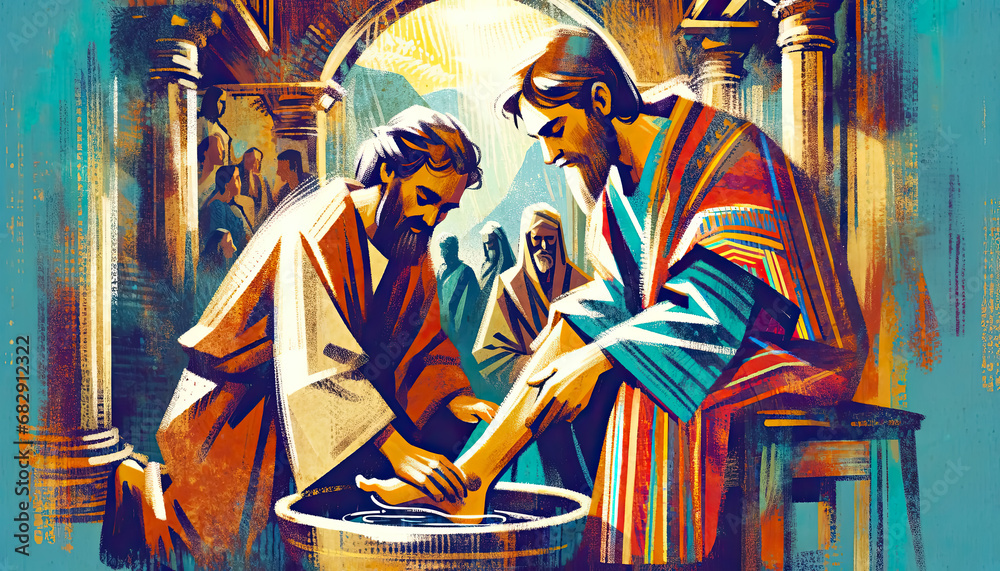 Wall mural illustration of jesus washing peter's foot, biblical event, vibrant colors. - Wall murals