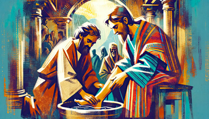 Illustration of Jesus washing Peter's foot, Biblical event, vibrant colors. - obrazy, fototapety, plakaty