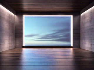 Interno vuoto della stanza con pareti di cemento, pavimento in legno scuro con luce soffusa proveniente dalla finestra. Atmosfera soft