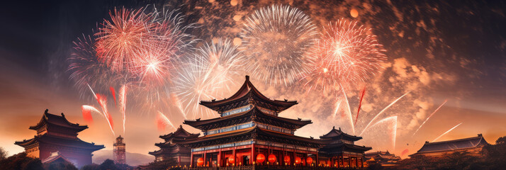 Chinese lunar new year celebration. Fireworks over a traditional oriental temple building - obrazy, fototapety, plakaty