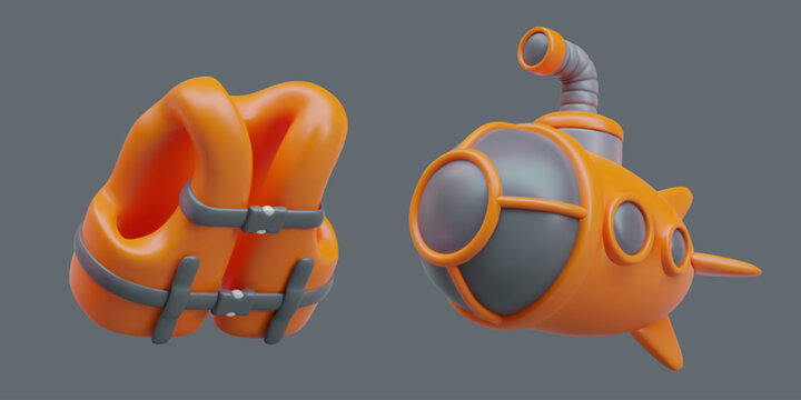 Inflatable orange vest and bathyscaphe with raised periscope. 3D image for site about underground research. Isolated illustrations on gray background. Deep diving to ocean floor