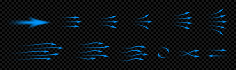 Set of blue arrows showing cold air conditioner direction. Mesh gradient Isolated on dark transparent background element