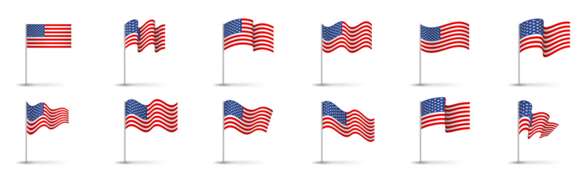United states flag set, usa symbol, wavy shape flag pole realistic illustration
