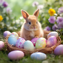 Fototapeta na wymiar easter bunny is sitting in a basket with eggs