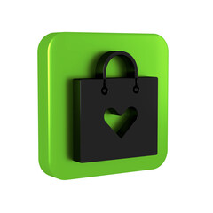 Black Shopping bag with heart icon isolated on transparent background. Shopping bag shop love like heart icon. Valentines day symbol. Green square button.