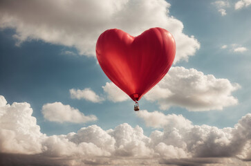 Fototapeta premium Beautiful red hart shape balloon against sky with clouds. Concept of love, fogivness, Valentine's day. AI generated
