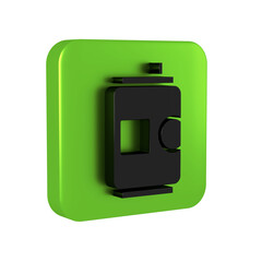 Black Beer can icon isolated on transparent background. Green square button.