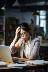 Obraz premium .Portrait of a tired young business Asian woman working with tax documents, in the office. Sad, unhappy, worried, depressed or employee life stress concept