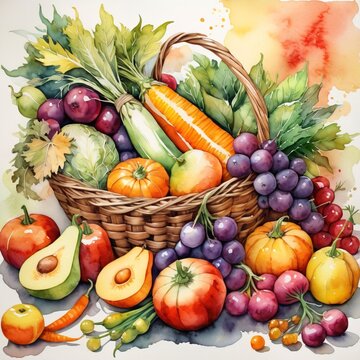 Vintage watercolor painting illustration of assorted harvest vegetables and fruits, showing abundance