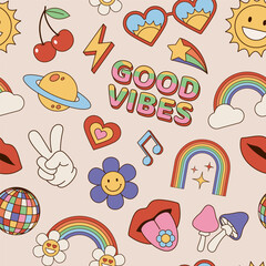 Hippie seamless pattern, background. Set of vintage, retro, hippie style icons, elements and objects. Vector illustrations.