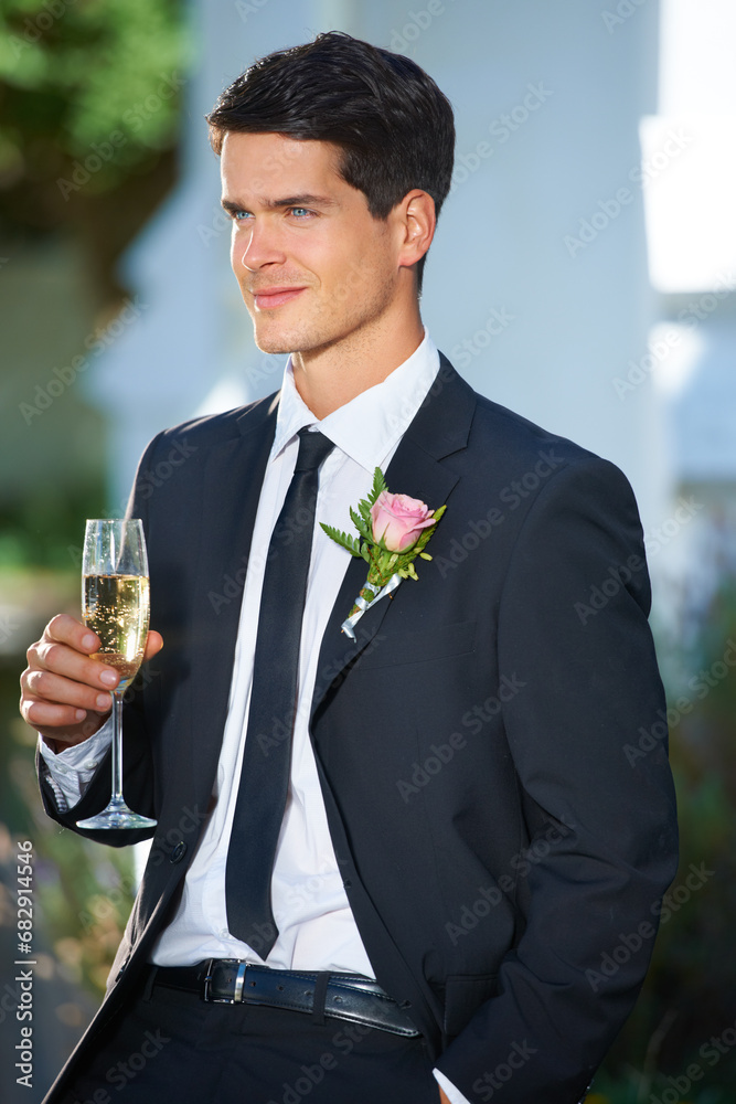 Canvas Prints Smile, wedding and young groom with champagne in suit with a flower for a classy, elegant and luxury event. Happy, handsome and man from Canada with wine at marriage ceremony or party for commitment.