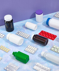 Treatment and prevention. Pattern of medical jars with pills, disinfectant solutions, blisters of pills and capsules. Collection of colorful pills.